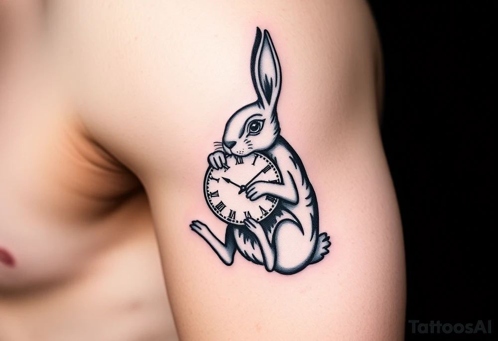 Geometrical rabbit holding a clock tattoo idea