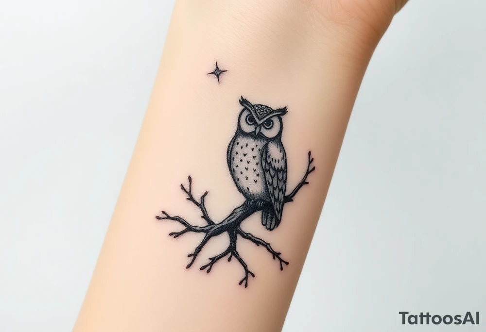 wise owl perched on ancient oak branch under starlit sky tattoo idea