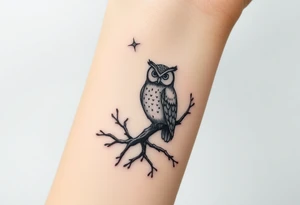 wise owl perched on ancient oak branch under starlit sky tattoo idea