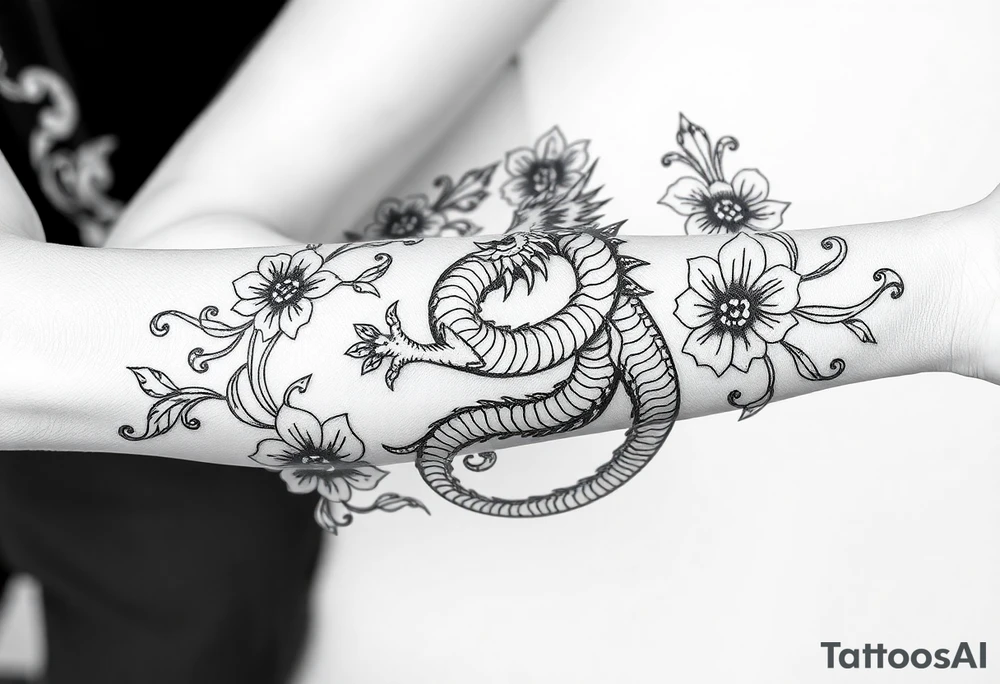 un dragon central entouré de fleurs de lys de style avec des ombrages dans un style assez fin tattoo idea