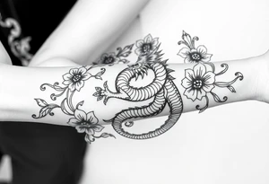 un dragon central entouré de fleurs de lys de style avec des ombrages dans un style assez fin tattoo idea