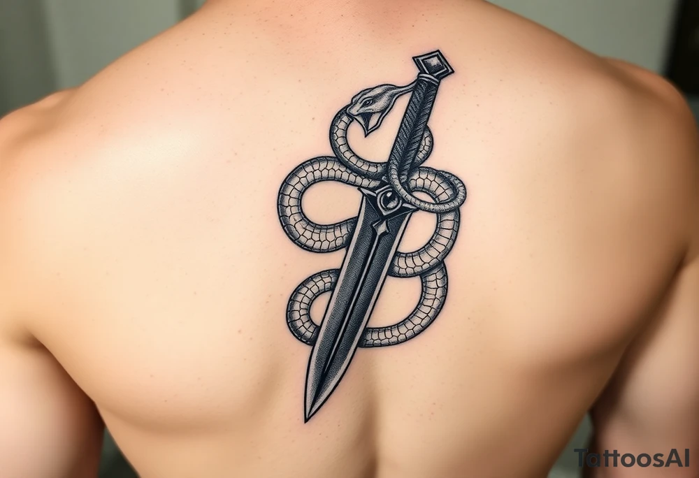 mystical snake coiled around an ancient dagger with jeweled hilt tattoo idea