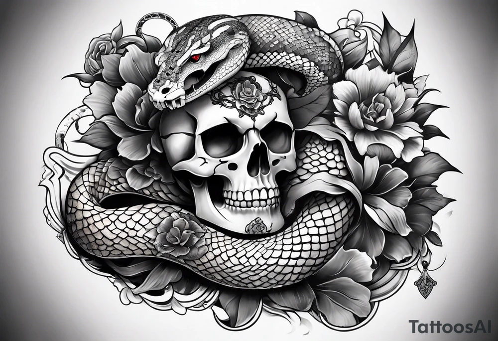 sleeve tattoo with a snake, gun, skull and Japanese designs tattoo idea