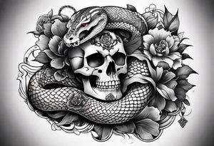 sleeve tattoo with a snake, gun, skull and Japanese designs tattoo idea