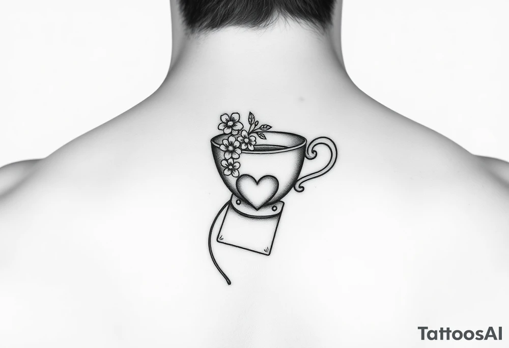 Dainty tea cup with small flowers and a small love heart on the tea bag tag tattoo idea