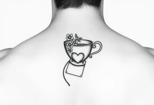 Dainty tea cup with small flowers and a small love heart on the tea bag tag tattoo idea