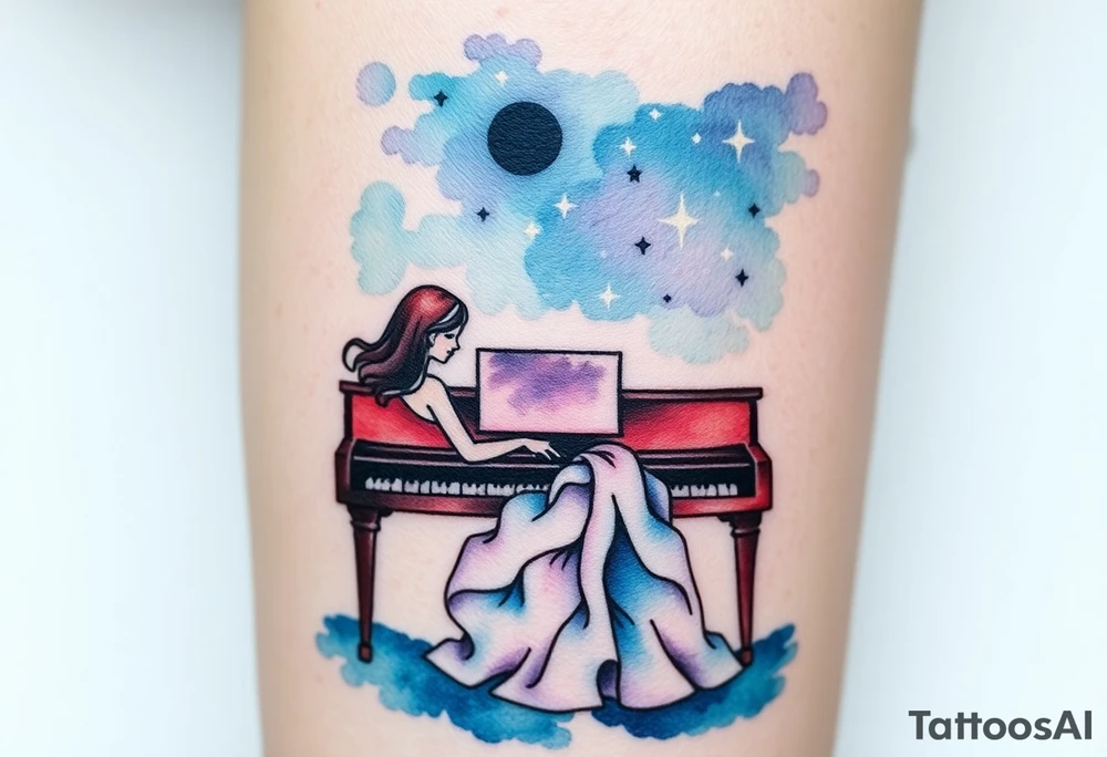 woman playing piano under the stars tattoo idea