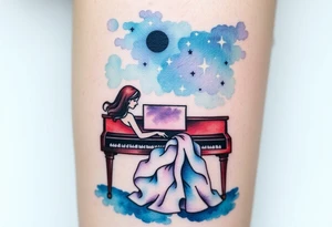 woman playing piano under the stars tattoo idea