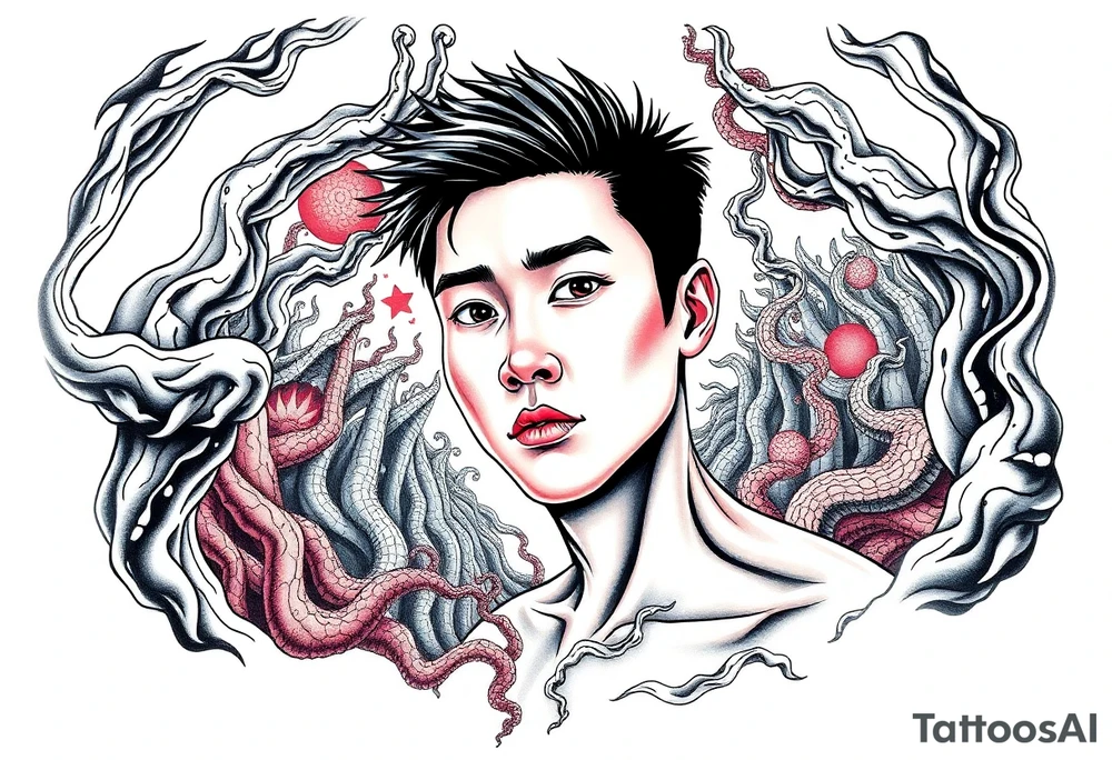 Handsome Asian young guy lost in a cursed labyrinth tattoo idea