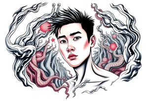 Handsome Asian young guy lost in a cursed labyrinth tattoo idea