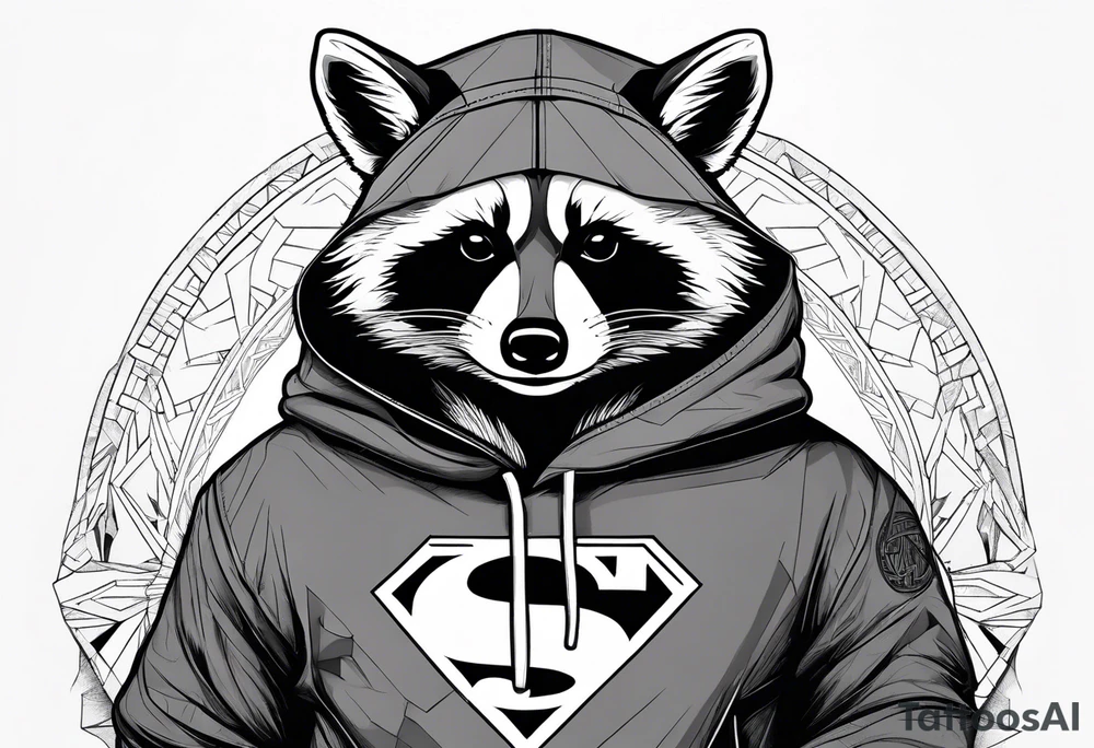 raccoon wearing a Superman hoodie tattoo idea