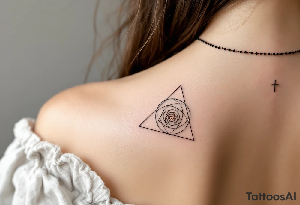Minimalist geometric rosary tattoo: precise black‑ink circles (beads) decreasing subtly in size, linked by perfectly straight, fine lines to form clean angles rather than curves; the strand drapes in a crisp isosceles‑triangle silhouette across the forearm. Where the pendant would hang, a small concentric‑line cross sits inside a outlined golden‑ratio spiral, all rendered in thin charcoal‑black lines with a single muted‑copper accent on the cross for contrast—overall a sleek, math‑inspired aesthetic with no shading, just pure linework. tattoo idea