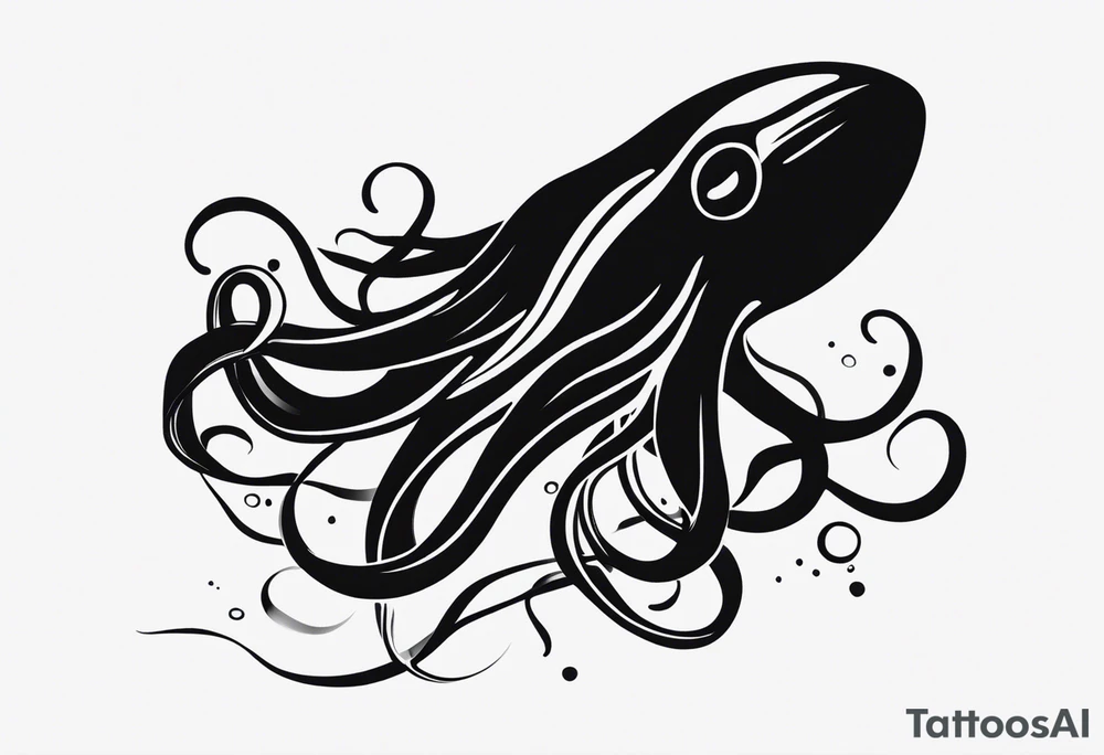 A visual representation of the horror squid concept, showing the squid becoming invisible in ink, its body turning black to blend in with its deep sea environment. The overall environment is dark, creating an eerie underwater atmosphere. tattoo idea