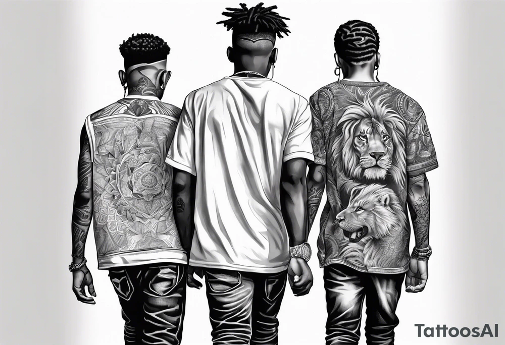3 young black brothers walking away together  you can see their full bodies and one is looking to the side showing the side of his face tattoo idea
