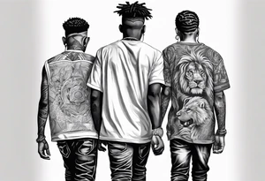 3 young black brothers walking away together  you can see their full bodies and one is looking to the side showing the side of his face tattoo idea