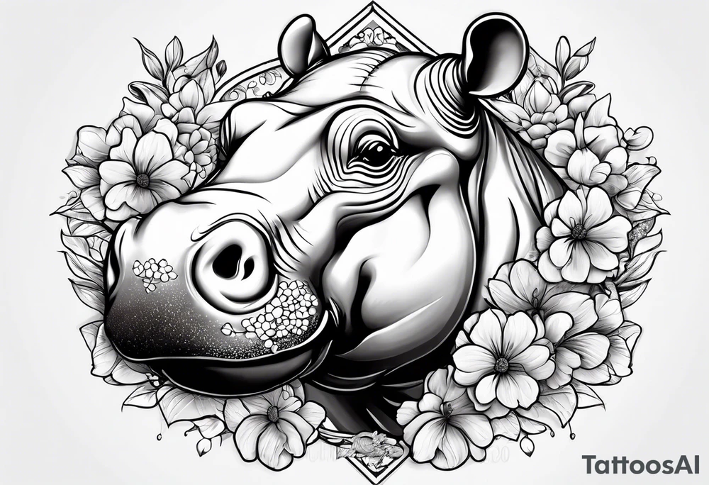 cute hippo with flowers tattoo idea