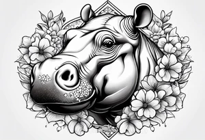 cute hippo with flowers tattoo idea