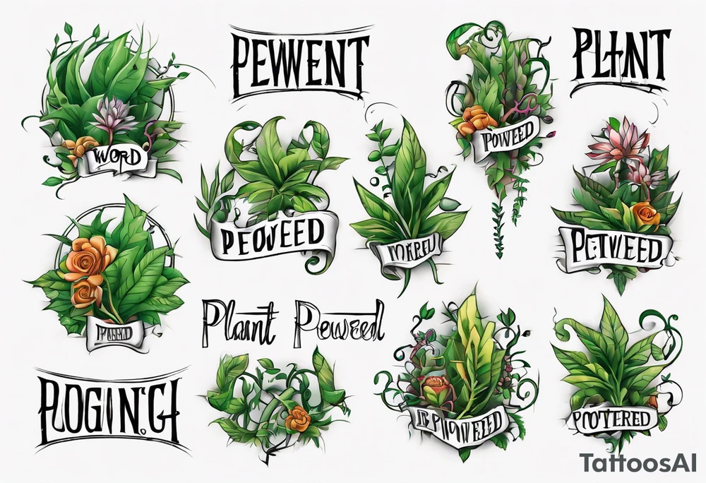 Words “Plant Powered” spelled out with plants and vines through out the words tattoo idea