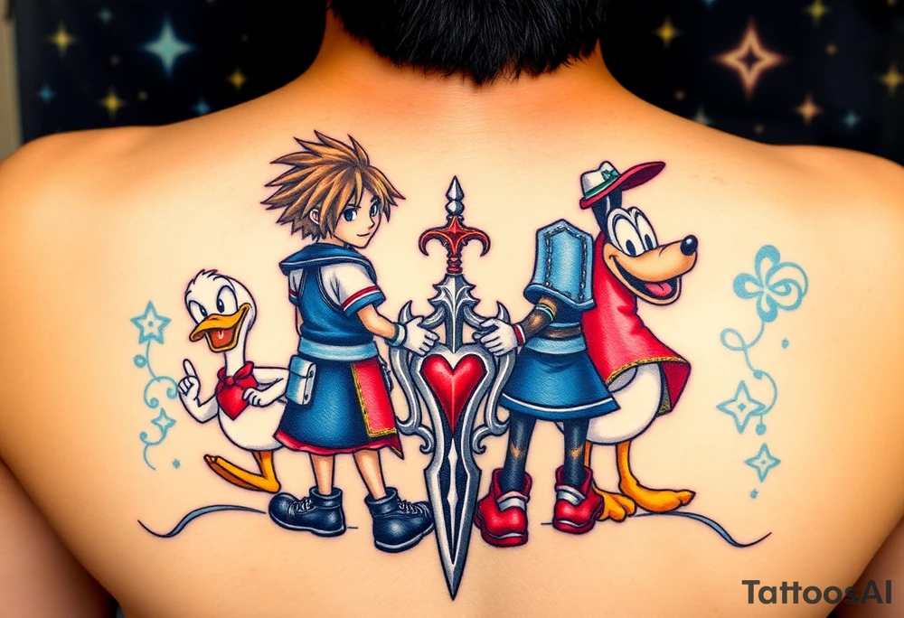Kingdom Hearts tattoo design featuring Sora, Kairi, Riku, Donald, and Goofy from the game, together in a dynamic, united pose. The centerpiece should include the Heartless Keyblade, with a beautiful and ethereal Kingdom Hearts-inspired background—think glowing stars, floating islands, and stained-glass elements in backroung. The design should capture themes of friendship, light vs. darkness, and adventure. Style should be detailed, fantasy-oriented, and suitable for a large piece tattoo idea