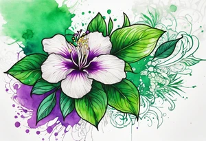 An outline of an only green rio dipladenia flower and a green and purple watercolor splash in the background tattoo idea