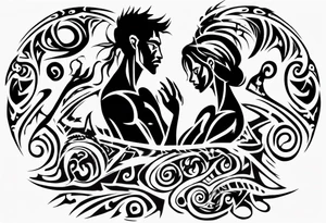 tribal tattoo of a story talking about a  father loving his son and wife making sure they are safe from the world and all the evil tattoo idea