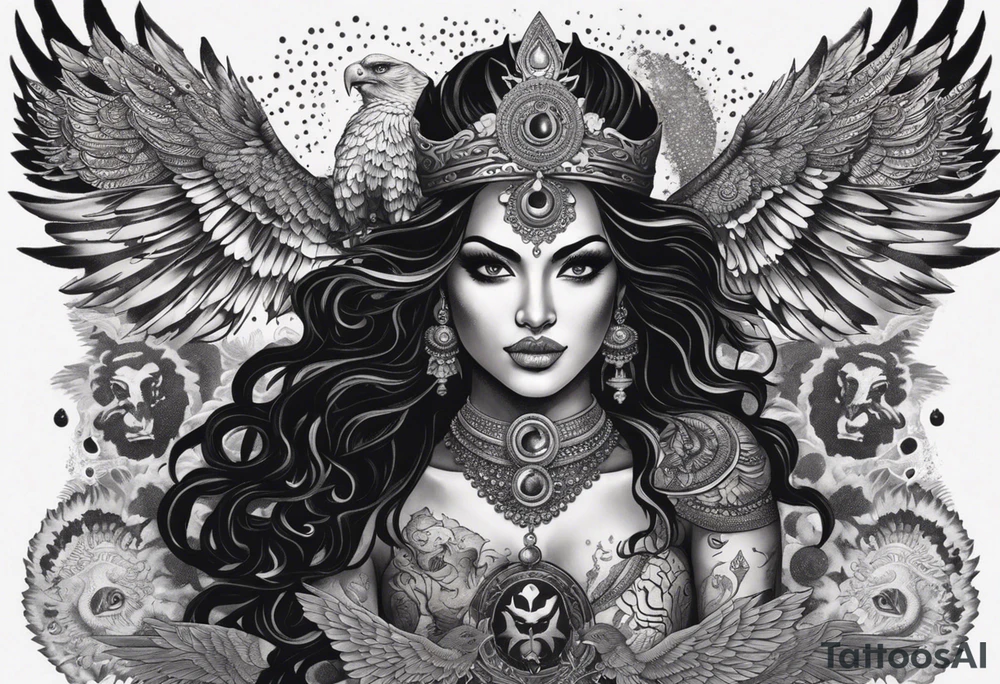 black kali, goddess pirate, alien, angel, pachamama, valkrye, warrior, flying, skull, lotus azul, wing, eagle, zenza resonance, stars, 5D, anahata chakra, death, durga, riding on a tiger, flying lady, kundalini, chest tatoo, samuri, rebel tattoo idea