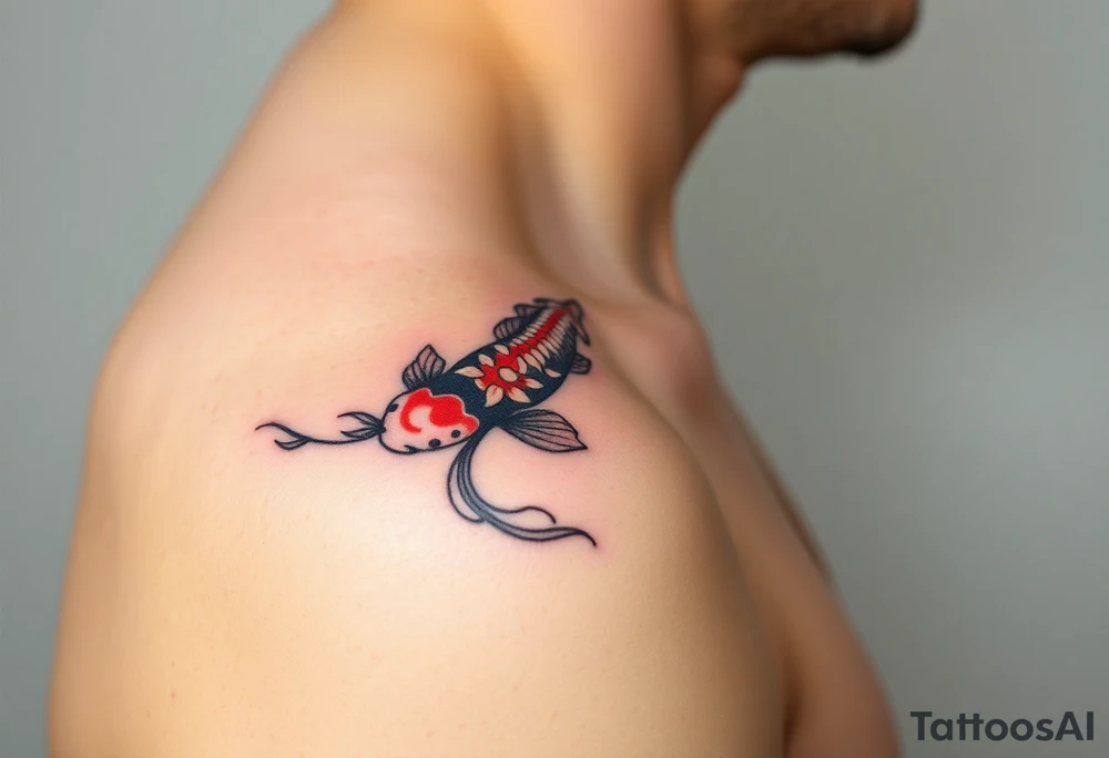 I want the tattoo starting at my collar bone, and I want it to go down my arm, but doesn’t go past my elbow. I want my middle name, Sané” on my collarbone area and I want the red and black koi fish too on my shoulder area. And I want flowers that represent healing, happiness, and peace and purity. tattoo idea