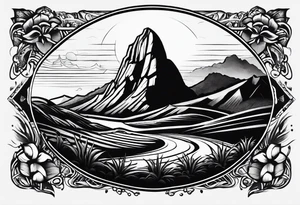 Create a tattoo of a flat topped rock Ebenezer with a base under the ground line that is pointed and deep, surrounded by freshly tilled and raked soil ready to be planted tattoo idea