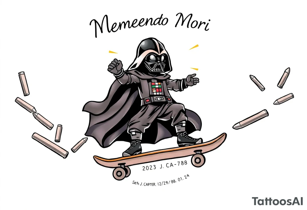 Skateboarding Darth Vadar saying "Memento Mori", outdoors, heaven, bullets
SETH J. CARTER
12/29/88-01/06/24 tattoo idea