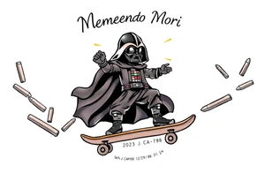 Skateboarding Darth Vadar saying "Memento Mori", outdoors, heaven, bullets
SETH J. CARTER
12/29/88-01/06/24 tattoo idea