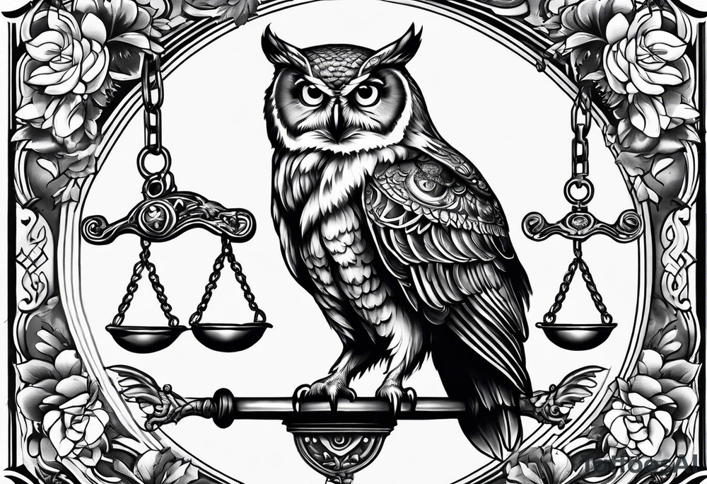 owl holding a Libra scale with its claws tattoo idea