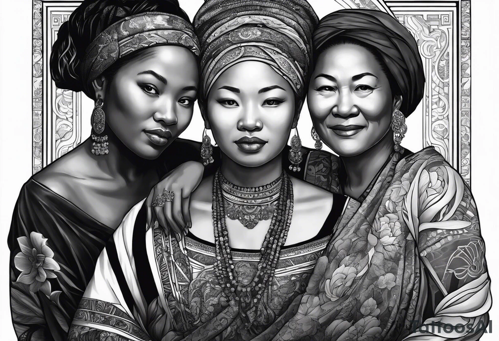 three  people side by side. a really really young black Daughter on the left, a wiht mother in the middle, really really old asian grandmother on the right. greater age difference, in an artfully decorated frame tattoo idea