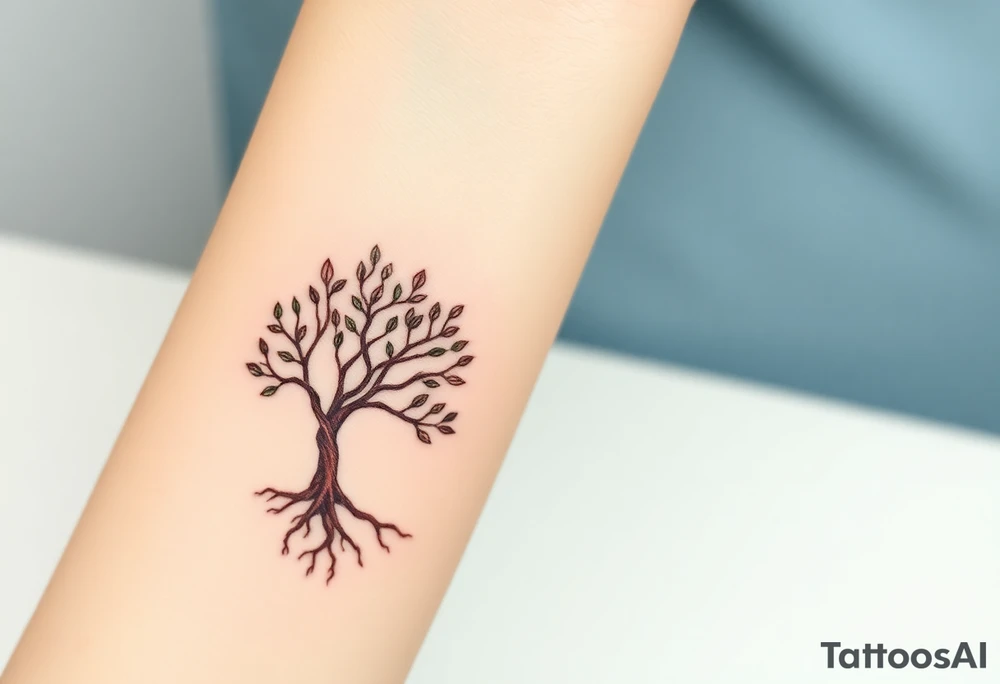 Two matching tree tattoos, one larger and one smaller, in rich earthy browns and deep green leaves, symbolizing family roots tattoo idea