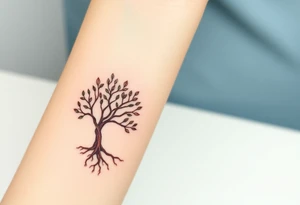 Two matching tree tattoos, one larger and one smaller, in rich earthy browns and deep green leaves, symbolizing family roots tattoo idea