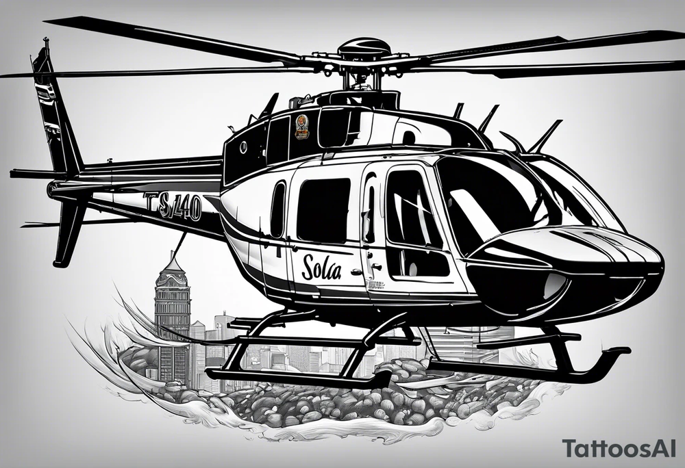 a bell 407 helicopter with the name "T. Sousa" on it, fighting a fire, with the pilot wearing night vision goggles. tattoo idea