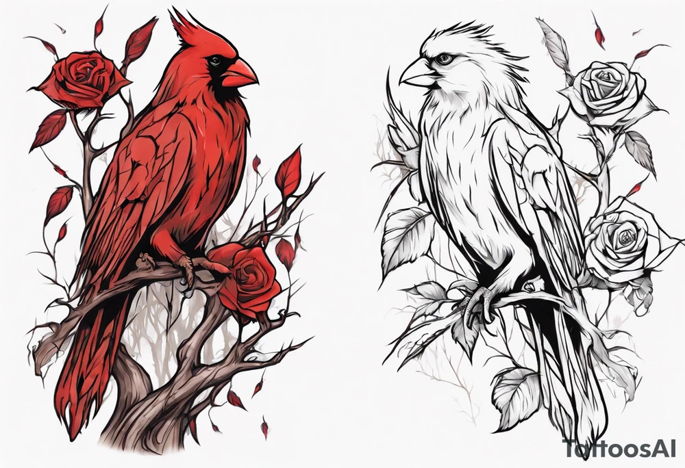 A full sleeve Willow tree with a cardinal holding a rose and a eagle tattoo idea