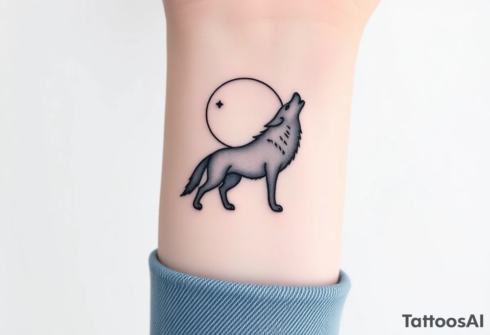 lone wolf howling at full moon with northern lights backdrop tattoo idea