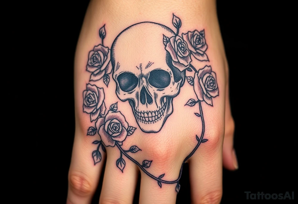 gothic skull intertwined with climbing roses and thorny vines tattoo idea