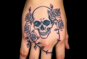 gothic skull intertwined with climbing roses and thorny vines tattoo idea