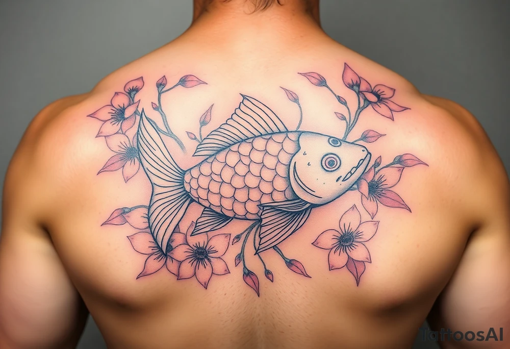 Cherry blossoms and lotus flowers surrounding a big bright coy fish tattoo idea