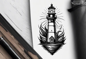lighthouse shining light and a compass to wrap around forearm tattoo idea
