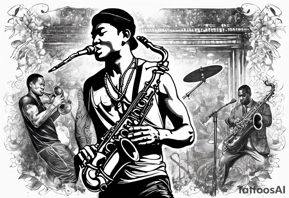 Muay Thai boxer with strong body is playing jazz on a Selmer tenor saxophone in an American jazz club front of a new orleans jazz trio band. The music notes are coming out from the saxophone and turning into buddhist symbols. tattoo idea