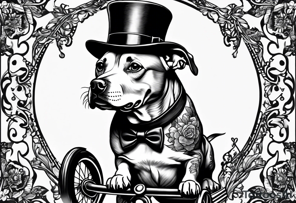 Pittbull wearing a tophat riding a tricycle wearing glasses tattoo idea