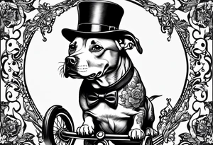 Pittbull wearing a tophat riding a tricycle wearing glasses tattoo idea