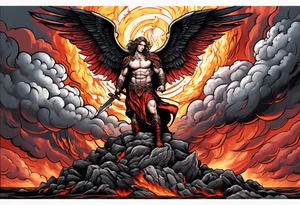 Michael the Archangel standing on top of the devil laying over hot lava.  Clouds and lightning in background. tattoo idea