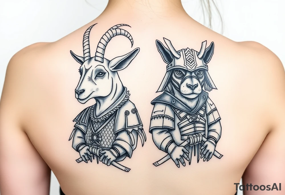 Goat and dog dressed up as samurai warriors tattoo idea
