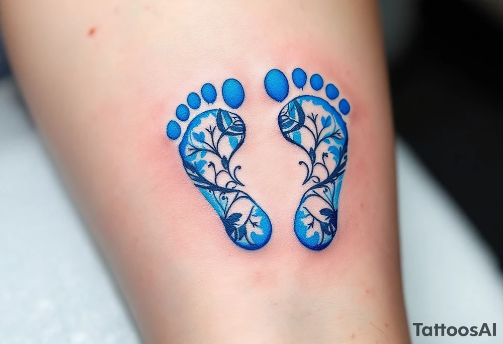 A pair of tiny blue footprints with the son's name in elegant black script beneath. tattoo idea