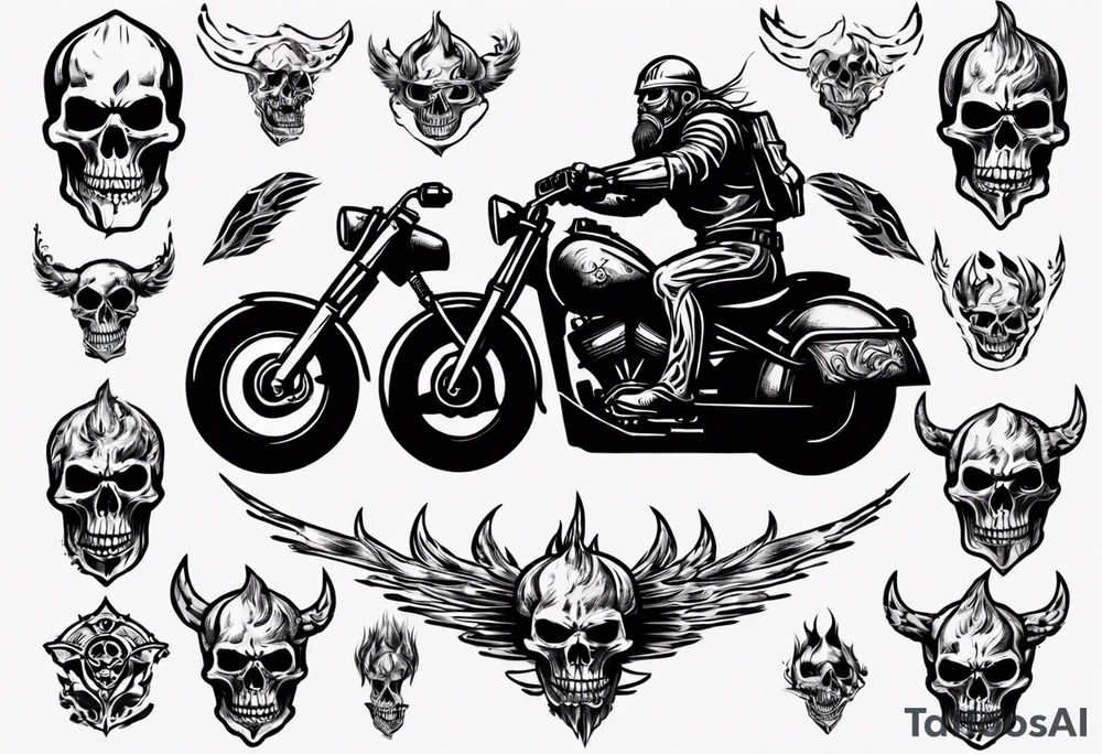 i want a tattoo of a big viking skeleton head riding a motorcycle with flames tattoo idea