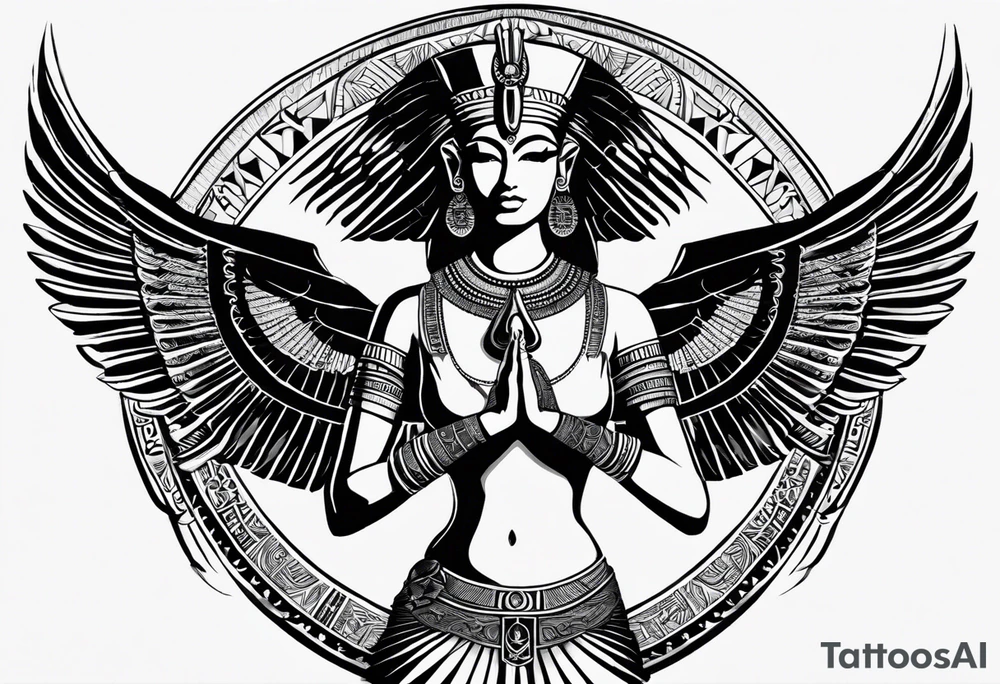 black and white Egyptian goddess Isis, who is often depicted as a woman with outstretched wings, holding an ankh (a symbol of life) in one hand and a lotus flower in the other. Her headdress often includes a throne or a solar disk. The tattoo design can vary in style and size, but it typically aims to capture the essence of this revered Egyptian deity, emphasizing her beauty, power, and maternal qualities. The choice of colors and additional elements can also be customized to create a unique and visually striking representation of the goddess Isis tattoo idea