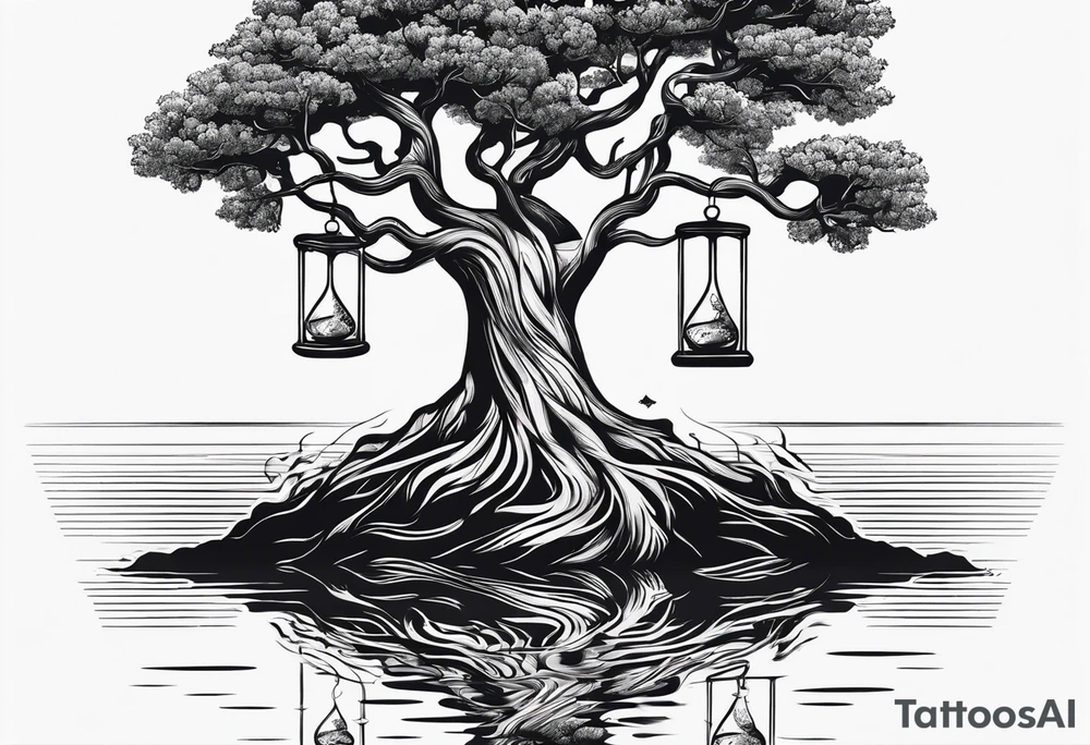 tattoo of a tree with the roots wrapping around a hour glass tattoo idea